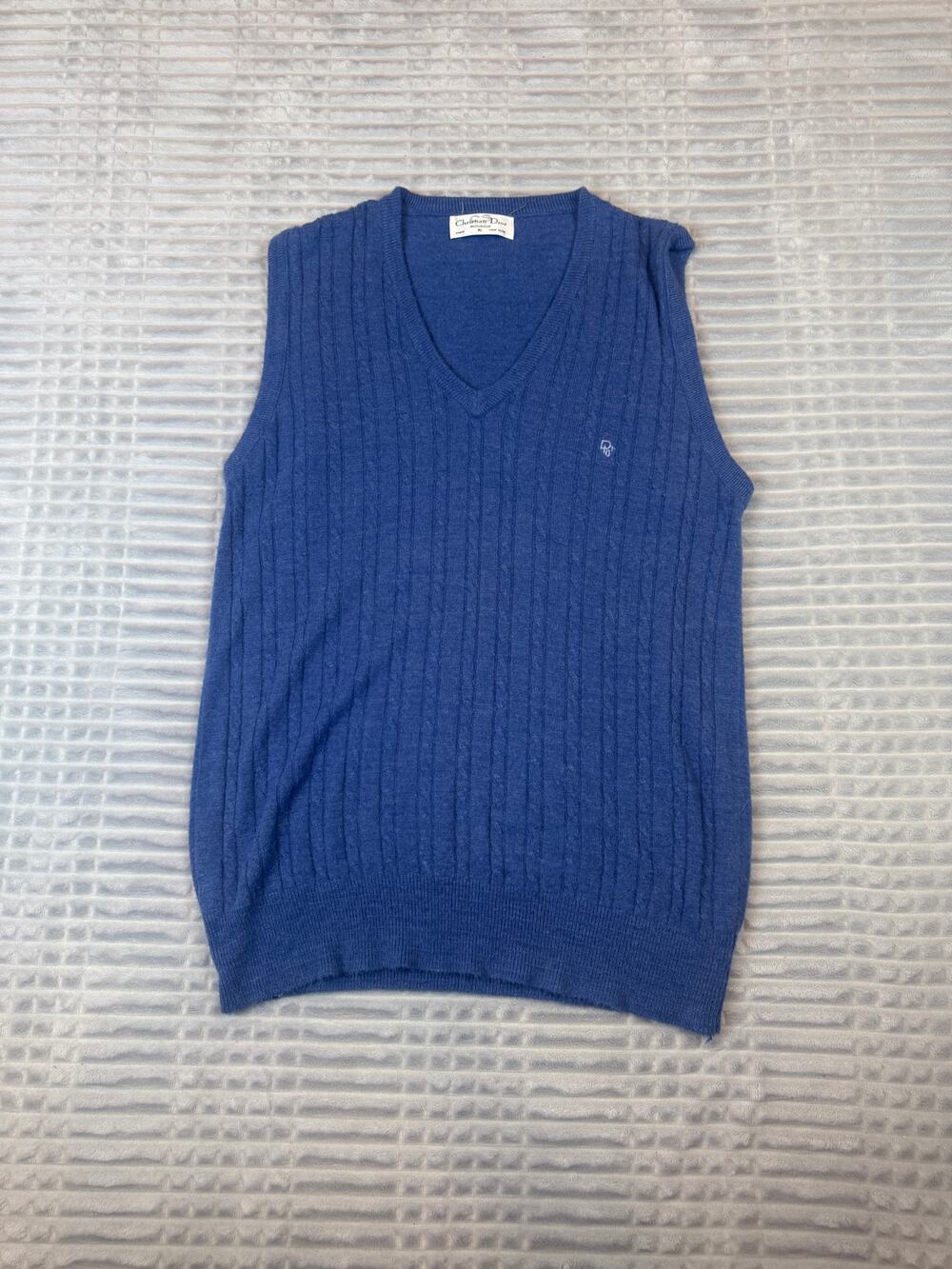 Vintage 80s Christian Dior Monsieur Blue V-Neck Cardigan Sweater Vest XL USA